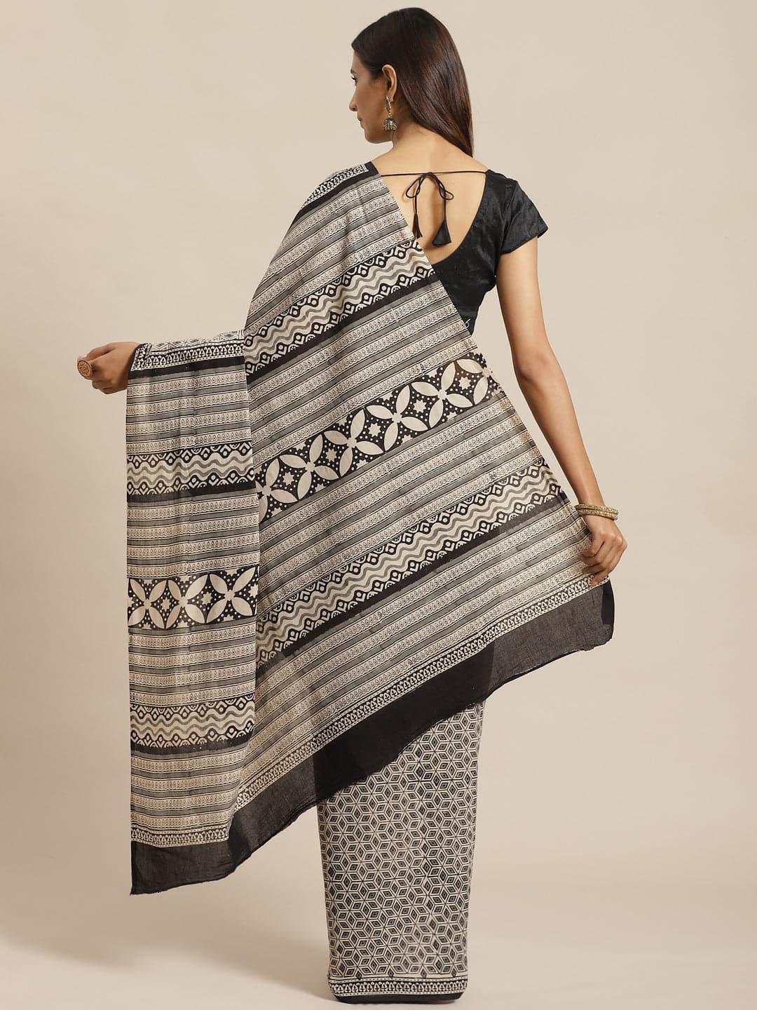 Beige Printed Cotton Saree - Libas 