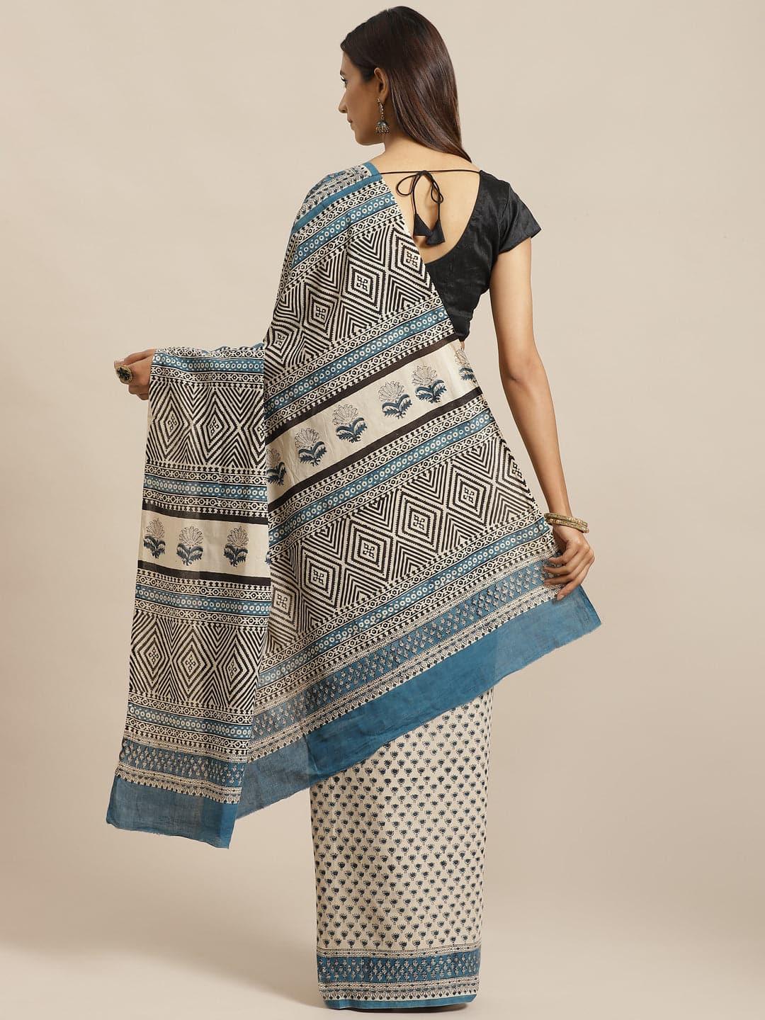 Beige Printed Cotton Saree - Libas 