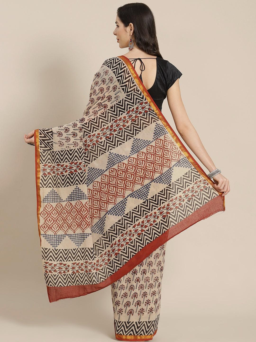 Beige Printed Cotton Saree - Libas 