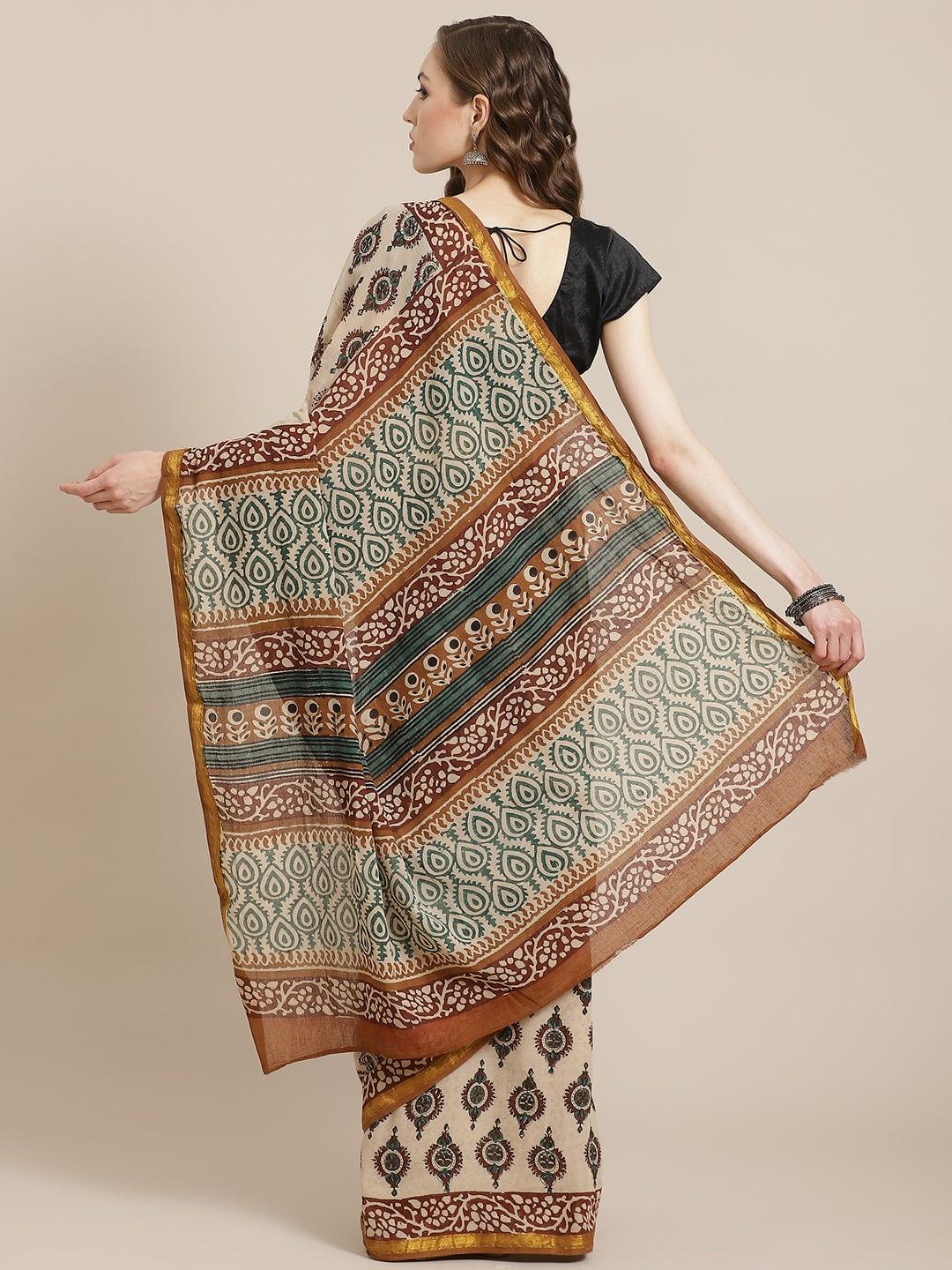 Beige Printed Cotton Saree - Libas 