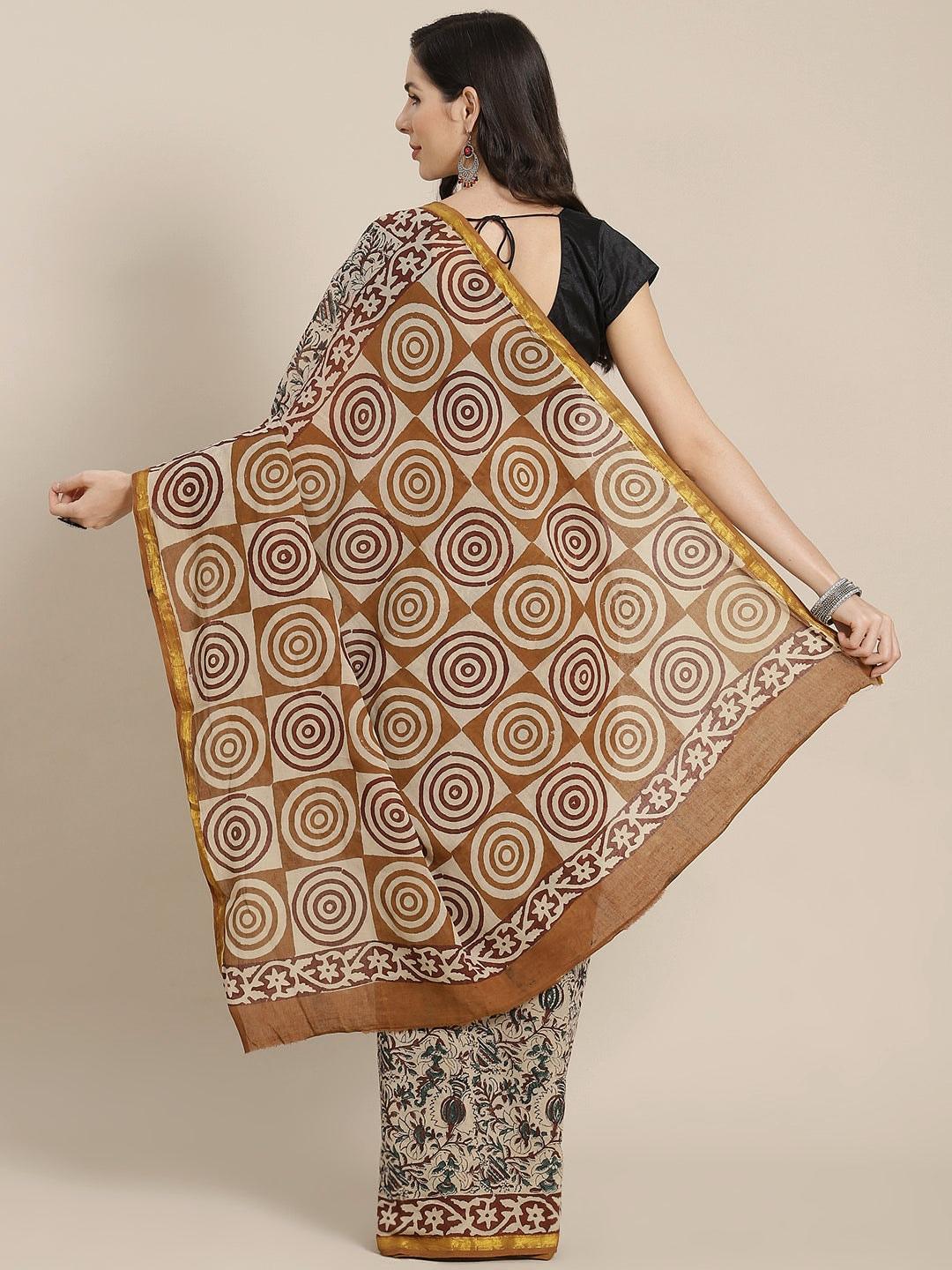 Beige Printed Cotton Saree - Libas 