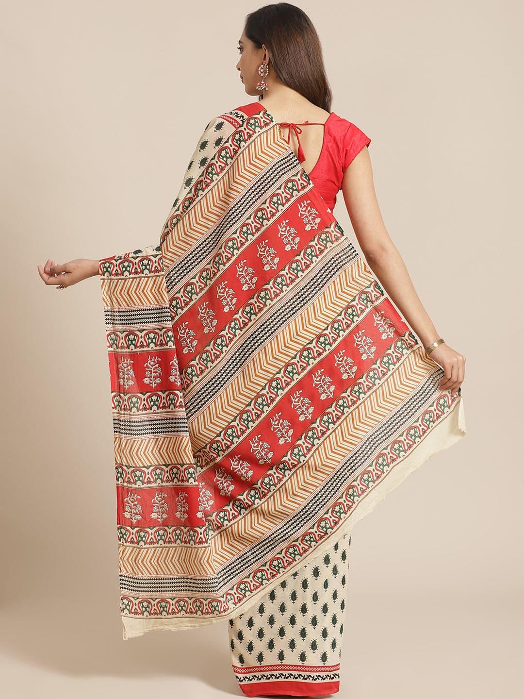 Beige Printed Cotton Saree - Libas 