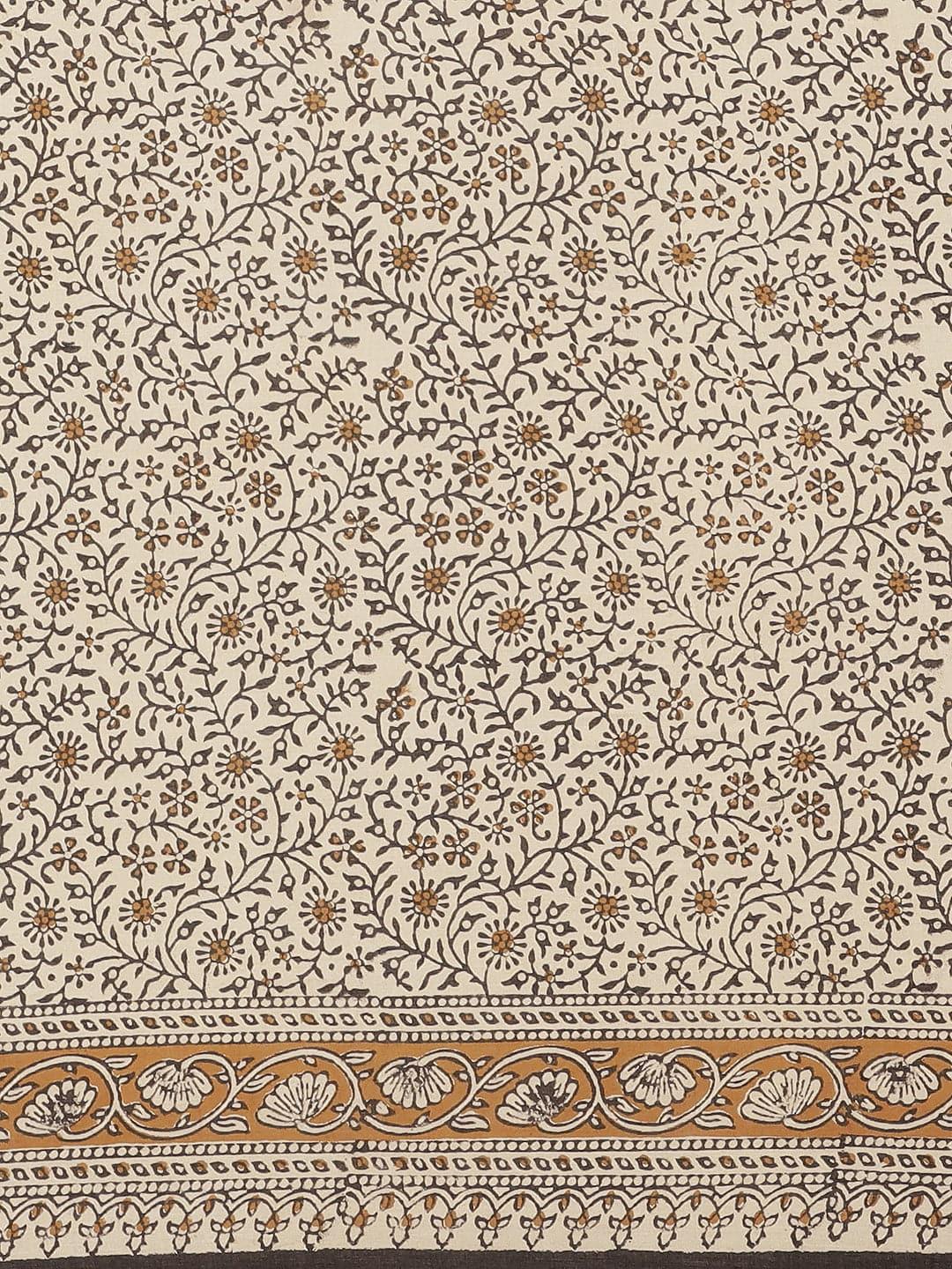 Beige Printed Cotton Saree - Libas 
