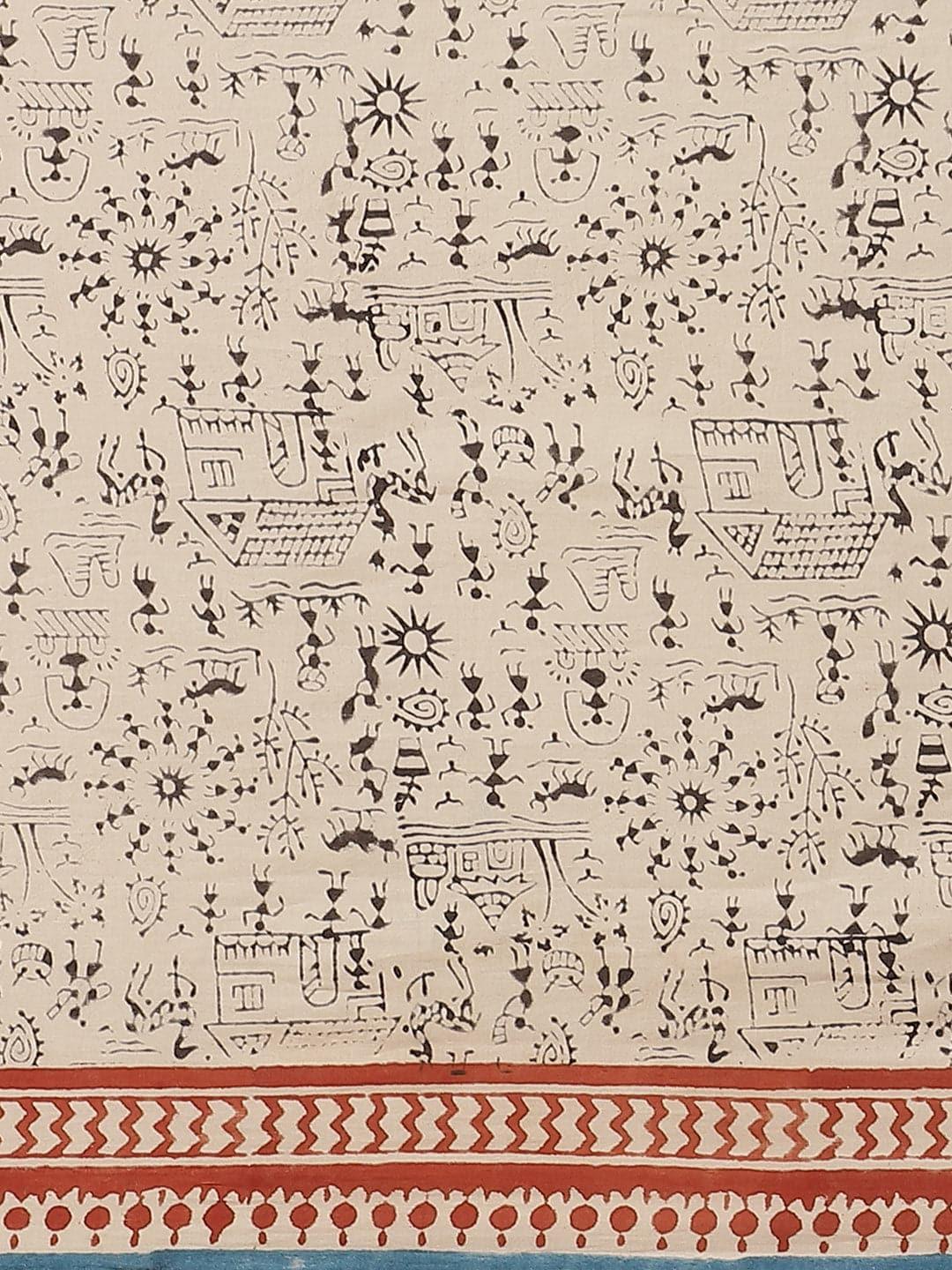 Beige Printed Cotton Saree - Libas 