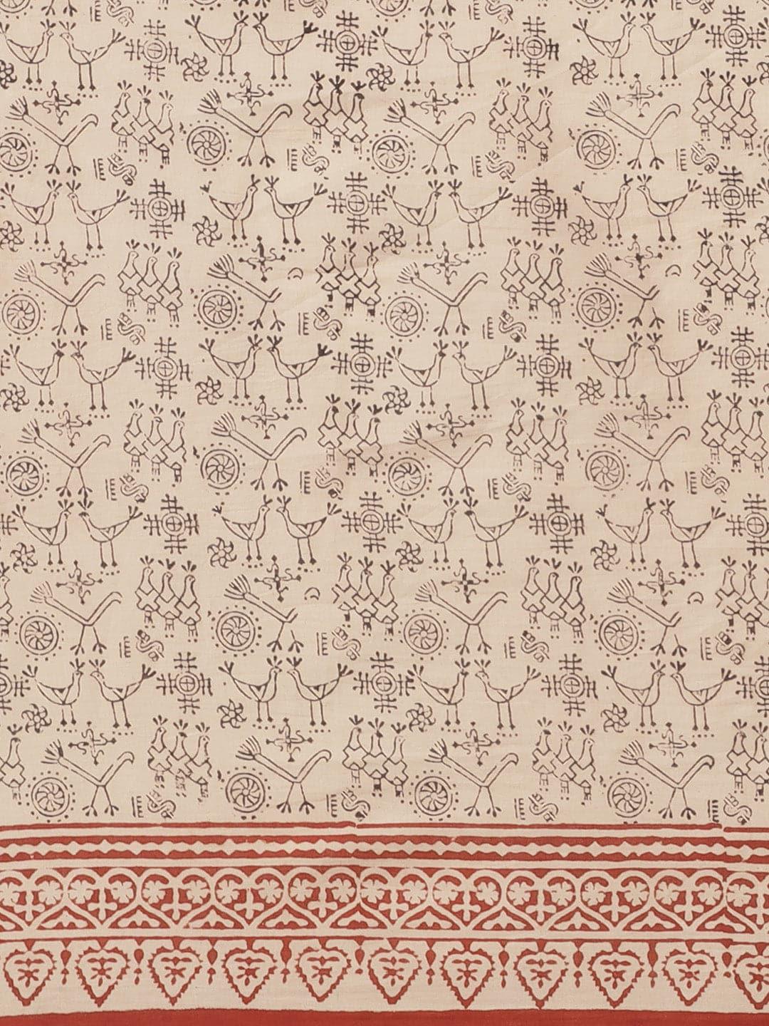 Beige Printed Cotton Saree - Libas 