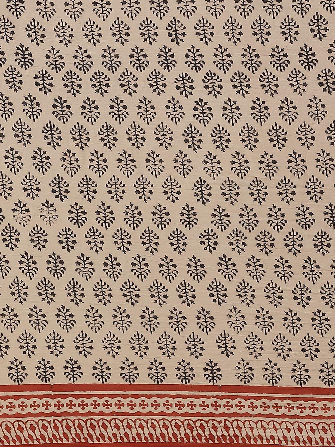 Beige Printed Cotton Saree - Libas 