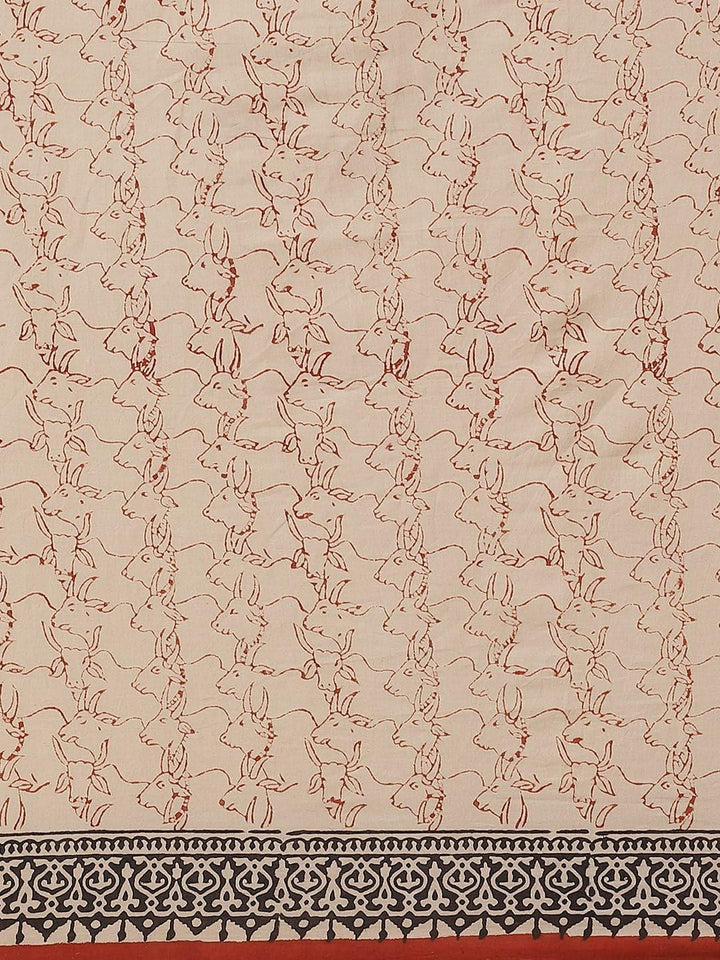 Beige Printed Cotton Saree - Libas