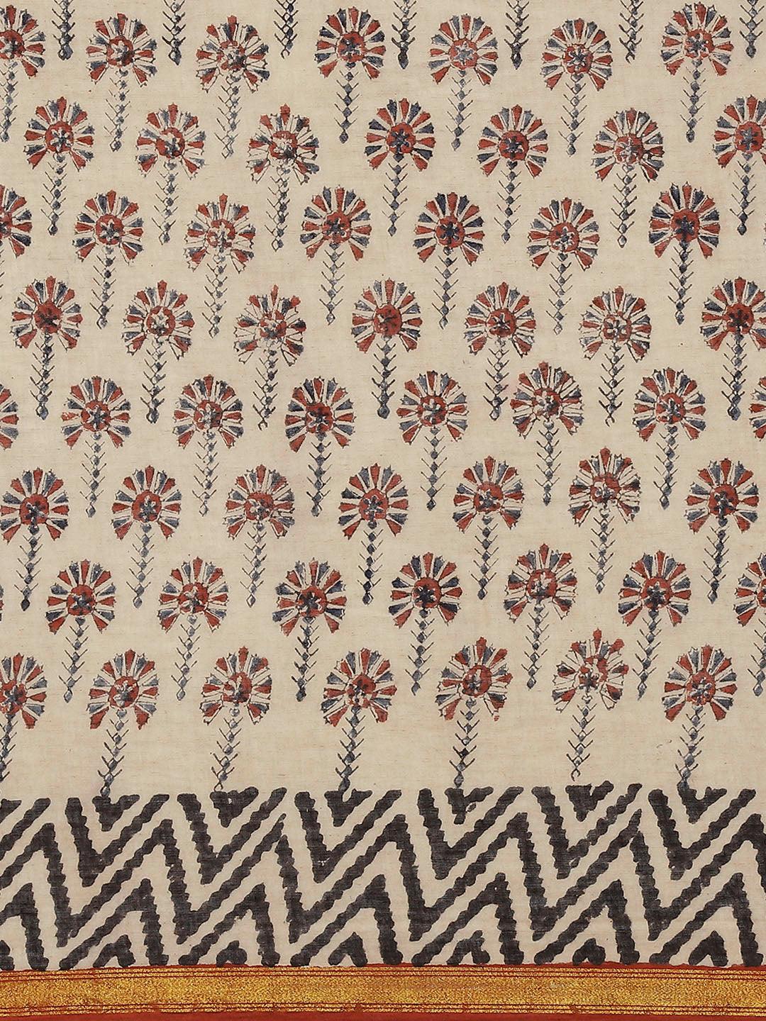 Beige Printed Cotton Saree - Libas 