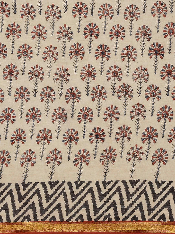 Beige Printed Cotton Saree - Libas