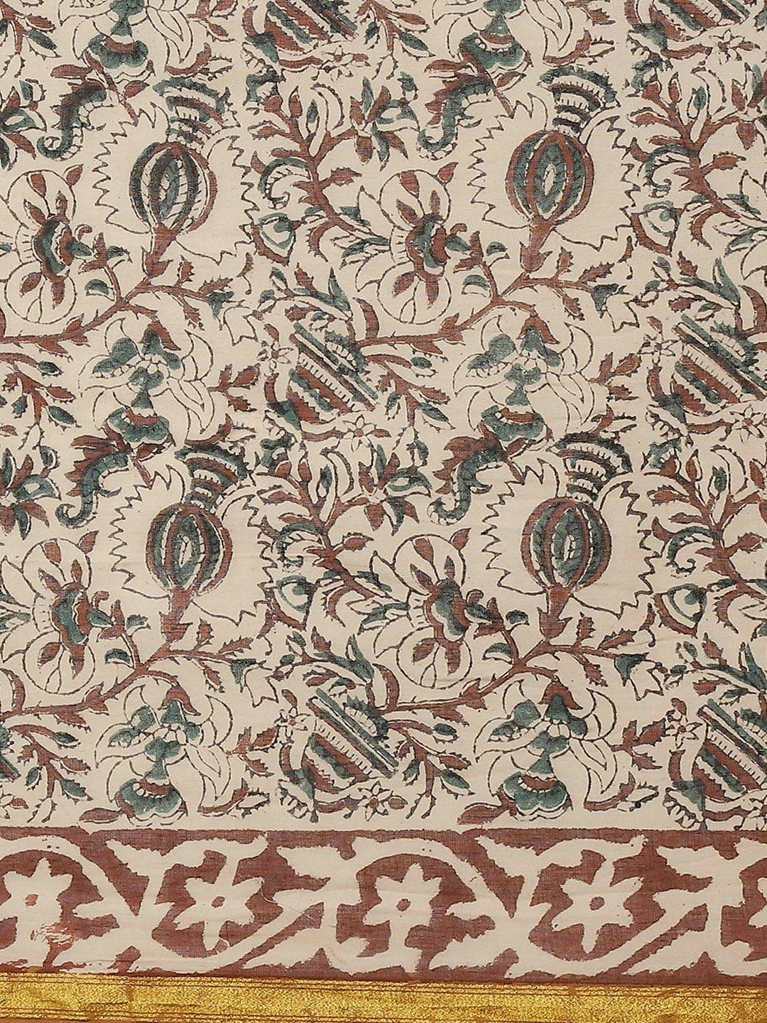 Beige Printed Cotton Saree - Libas 