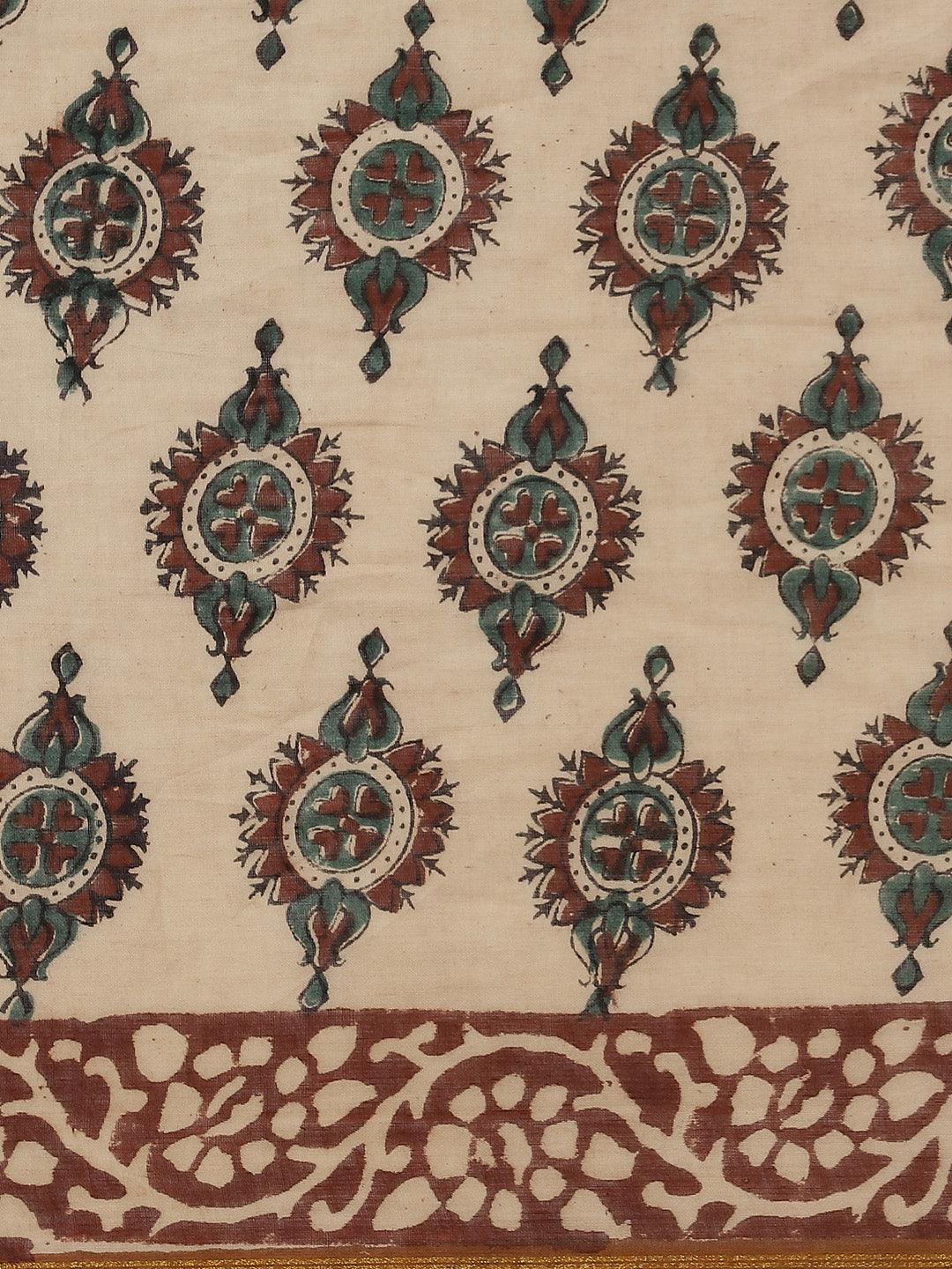 Beige Printed Cotton Saree - Libas 