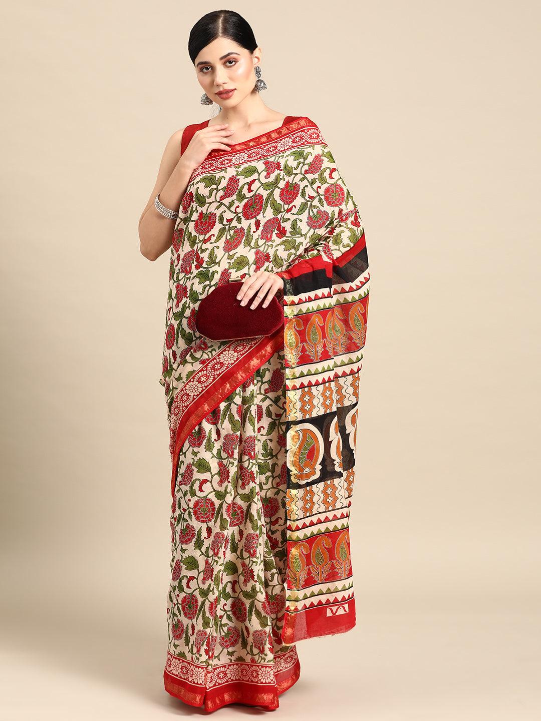 Beige Printed Cotton Saree - Libas 