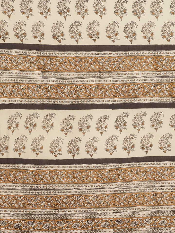 Beige Printed Cotton Saree - Libas