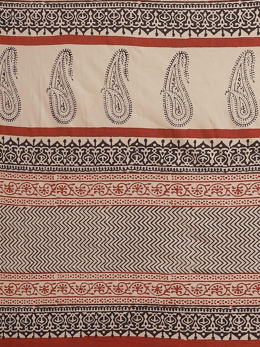 Beige Printed Cotton Saree - Libas 