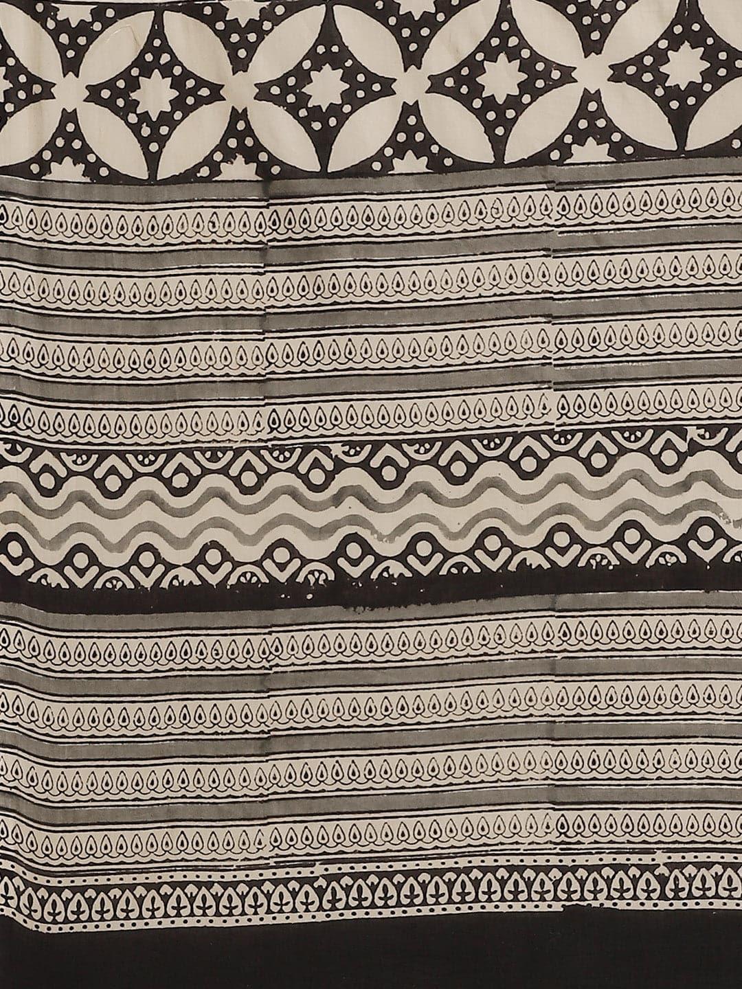 Beige Printed Cotton Saree - Libas 