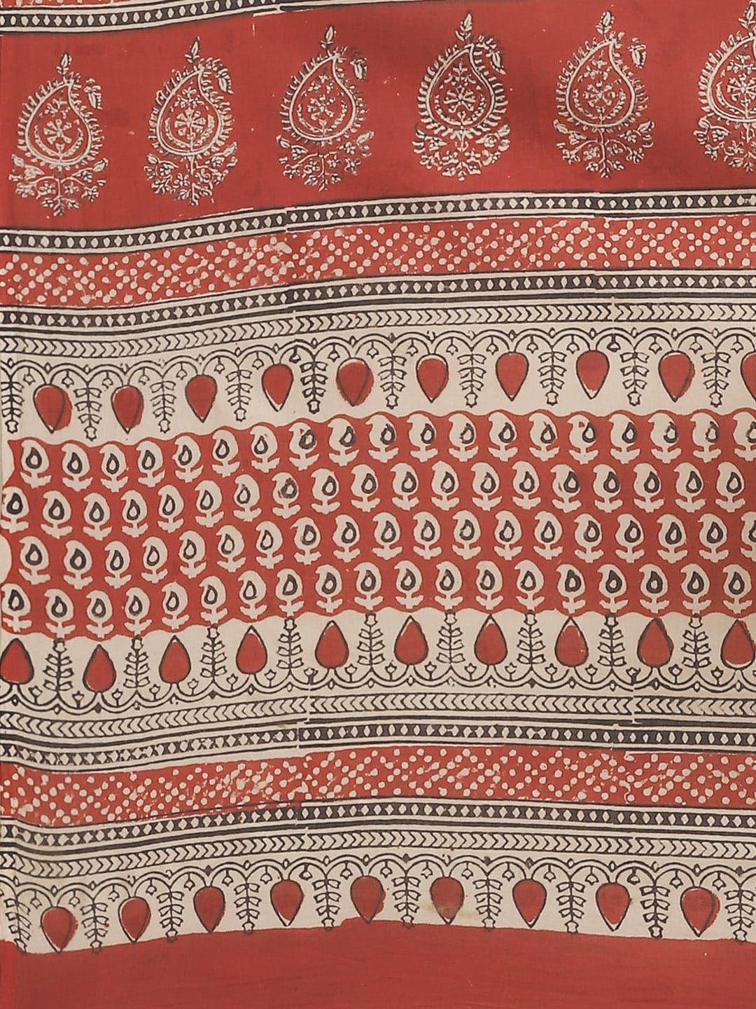 Beige Printed Cotton Saree - Libas 