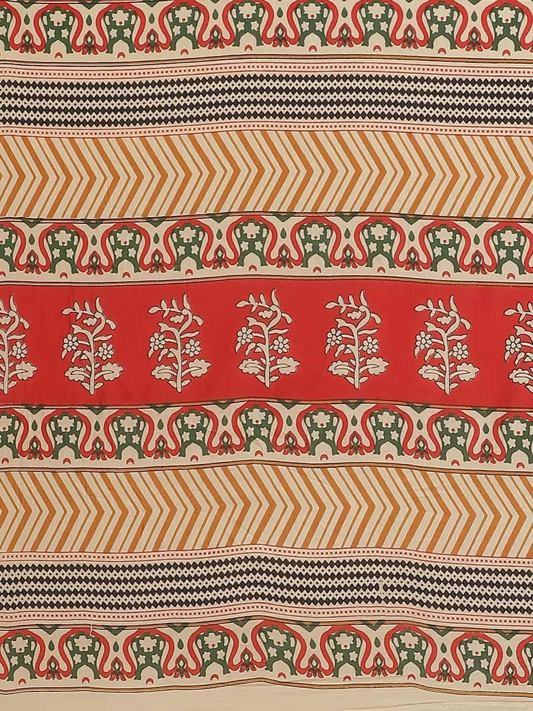 Beige Printed Cotton Saree - Libas 