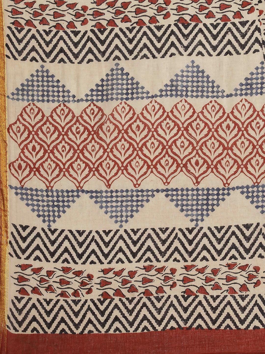 Beige Printed Cotton Saree - Libas 