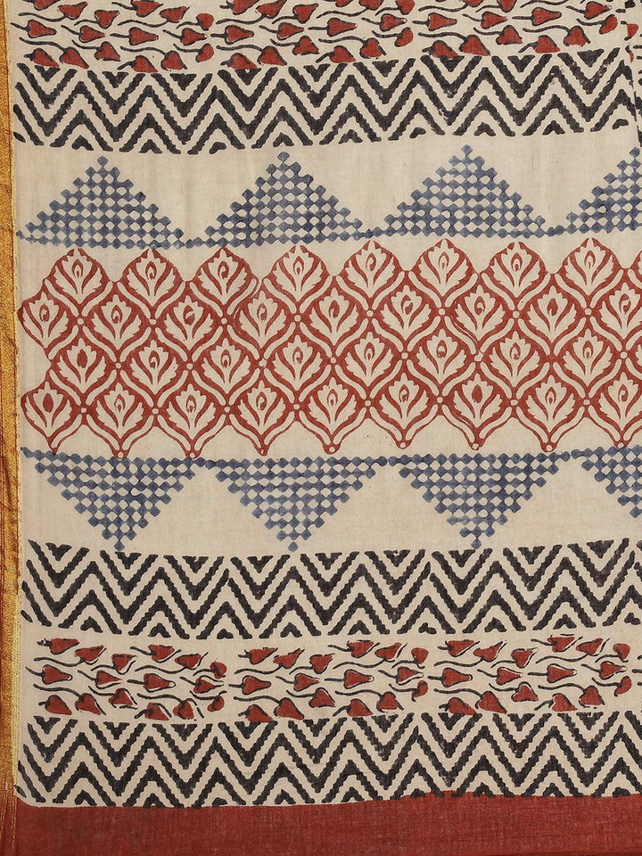 Beige Printed Cotton Saree - Libas