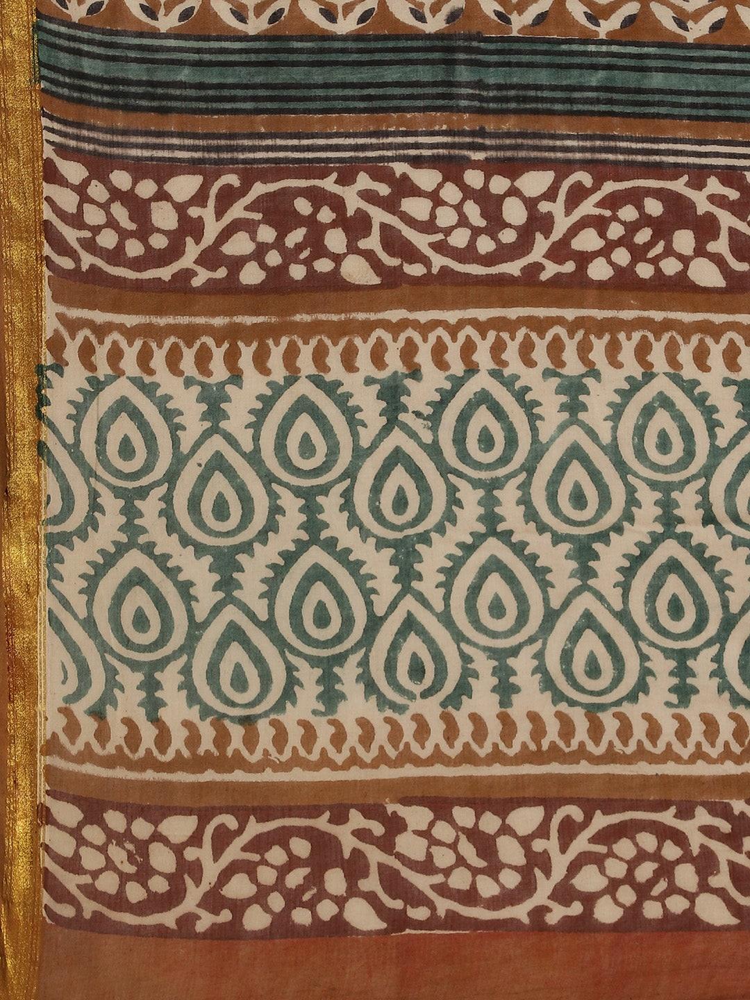 Beige Printed Cotton Saree - Libas 