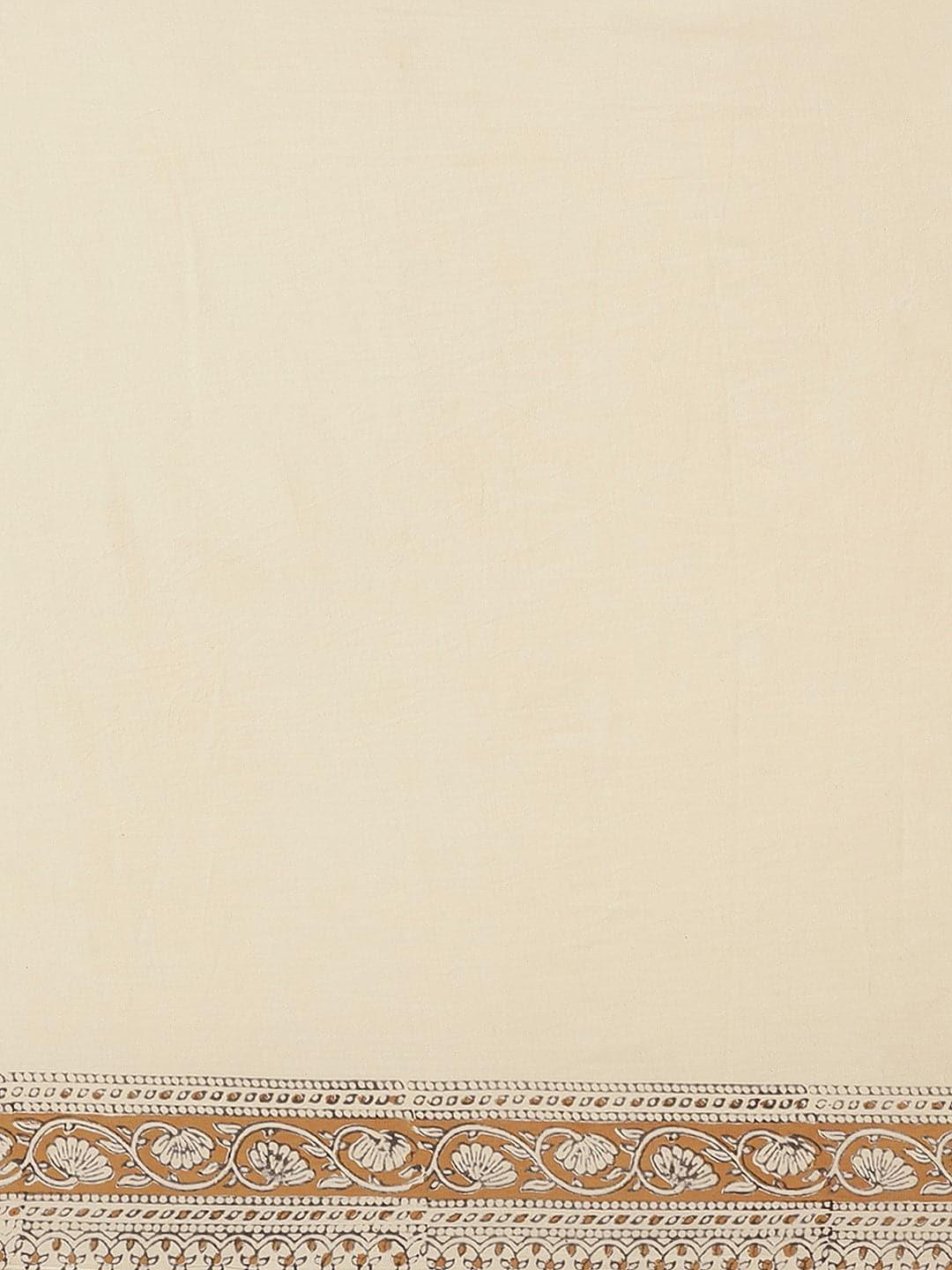 Beige Printed Cotton Saree - Libas 