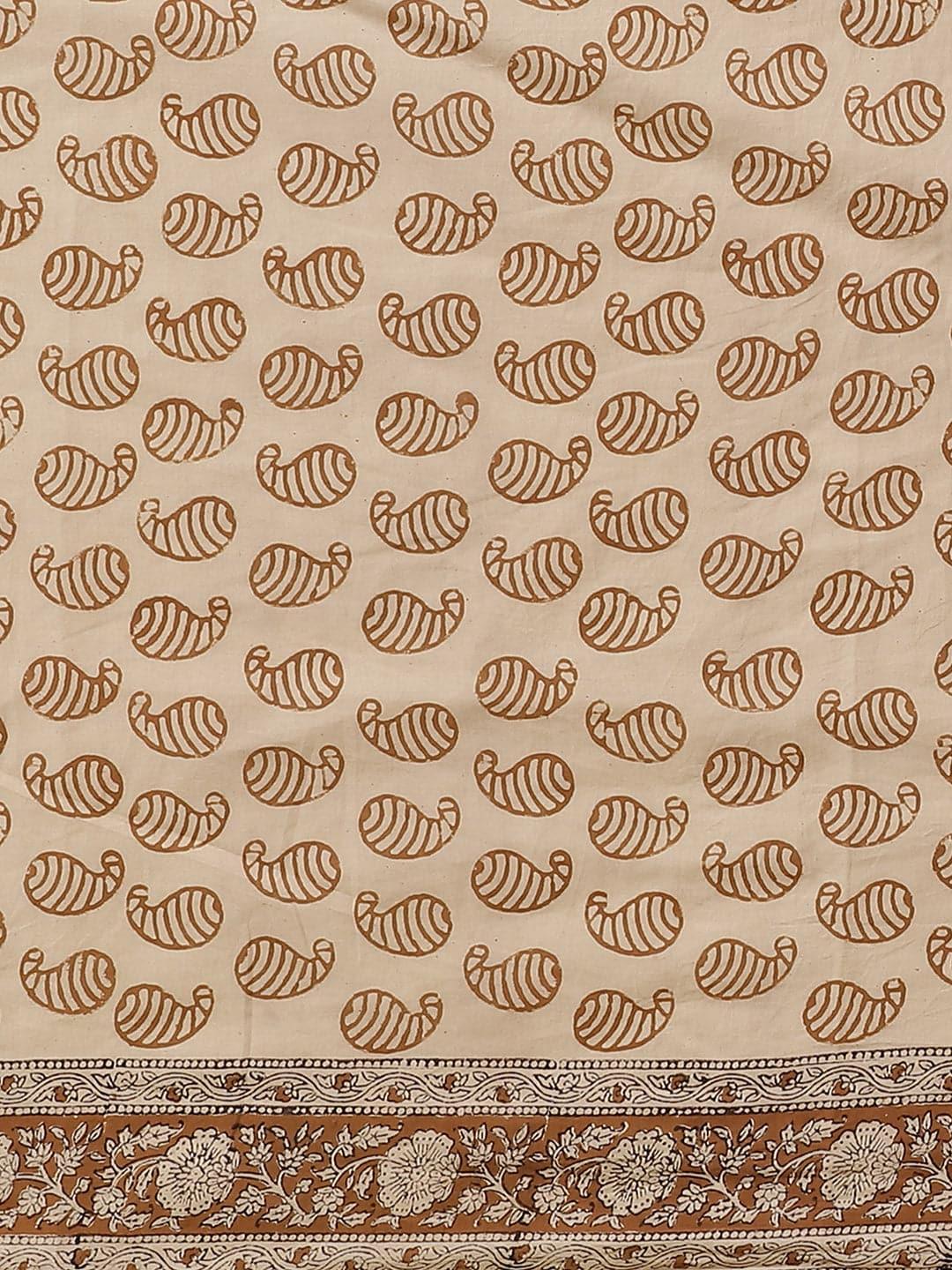 Beige Printed Cotton Saree - Libas 