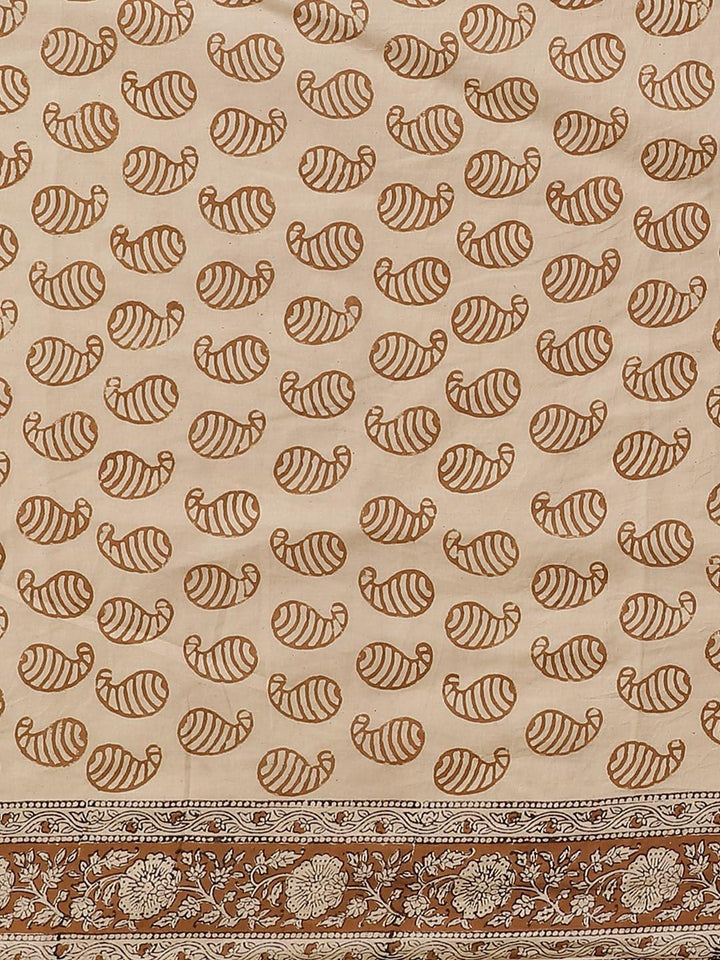 Beige Printed Cotton Saree - Libas