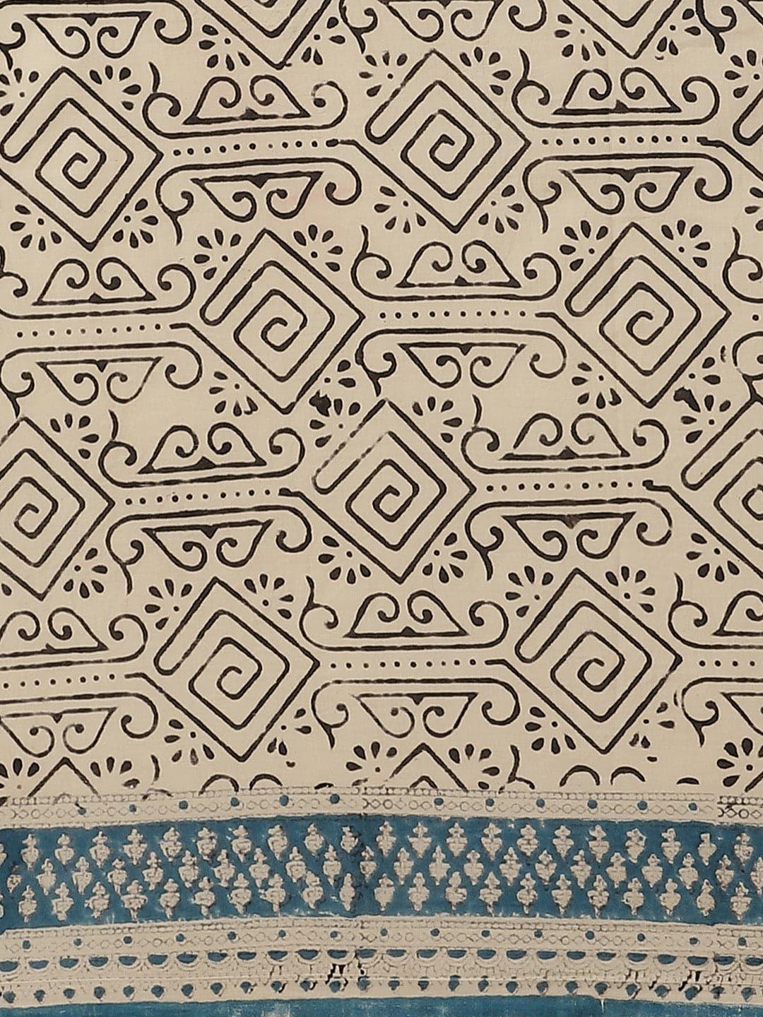Beige Printed Cotton Saree - Libas 