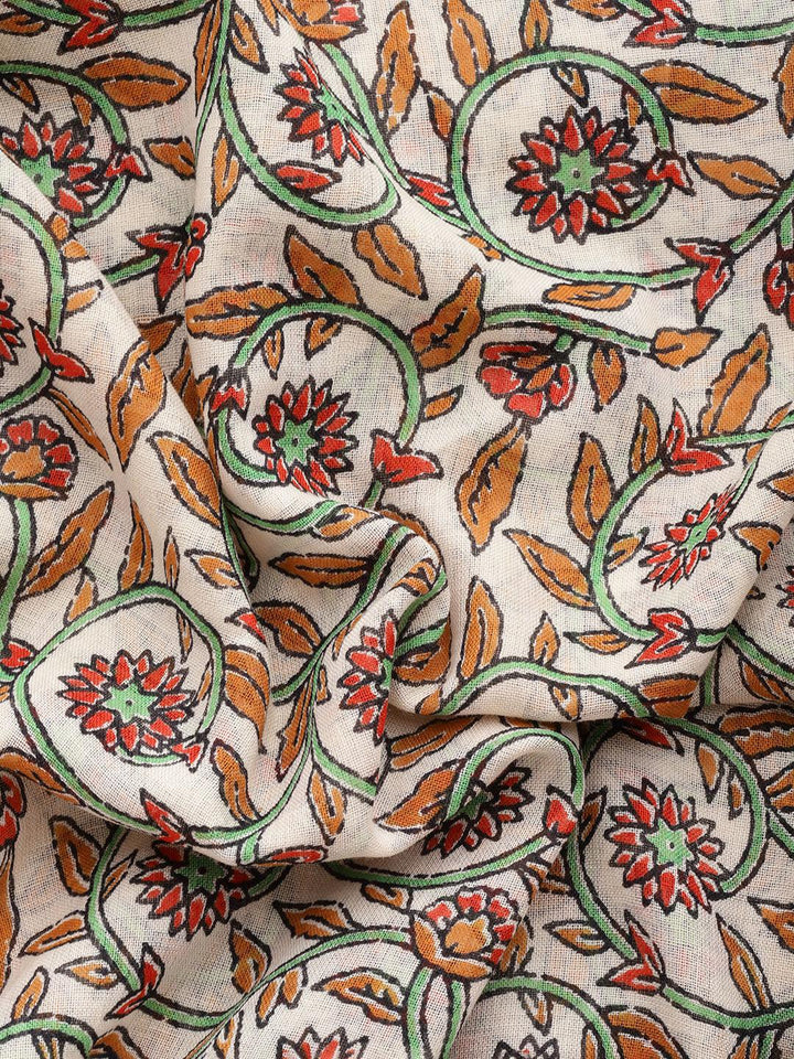 Beige Printed Cotton Saree - Libas