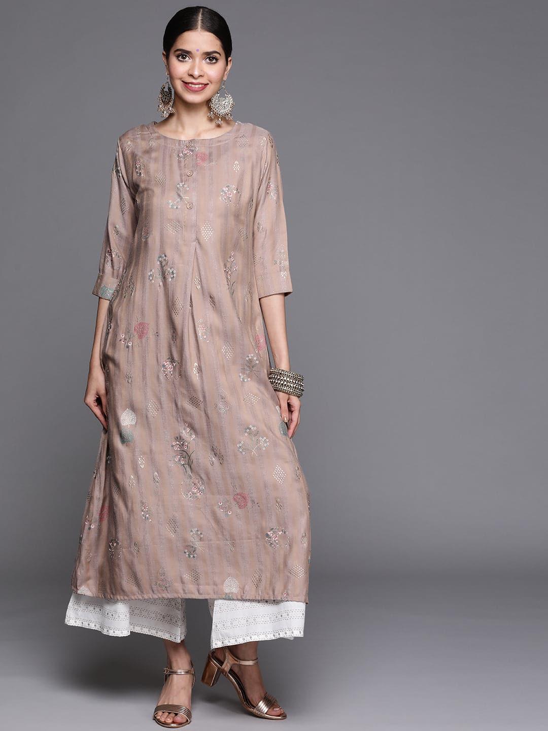 Beige Printed Cotton Silk Kurta - Libas 