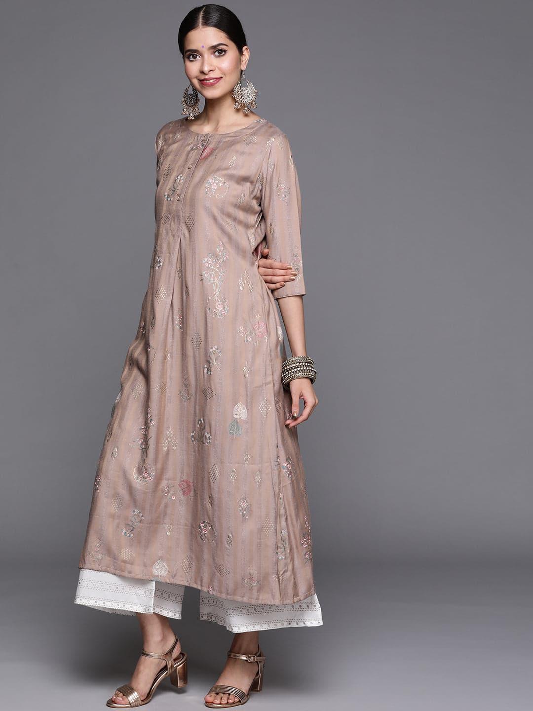 Beige Printed Cotton Silk Kurta - Libas 
