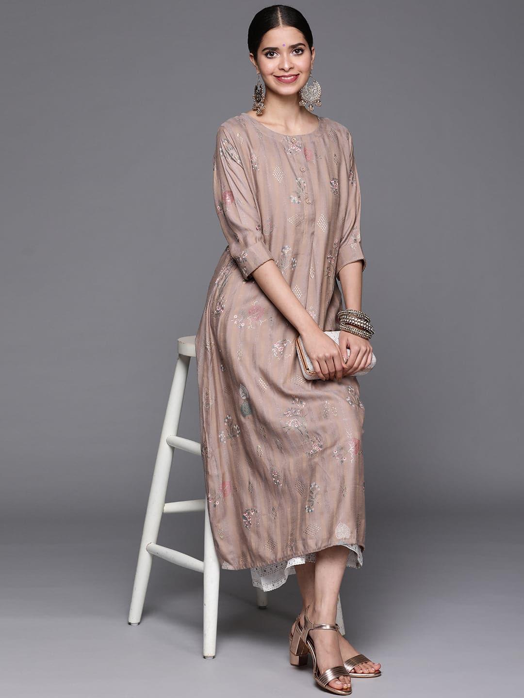 Beige Printed Cotton Silk Kurta - Libas 