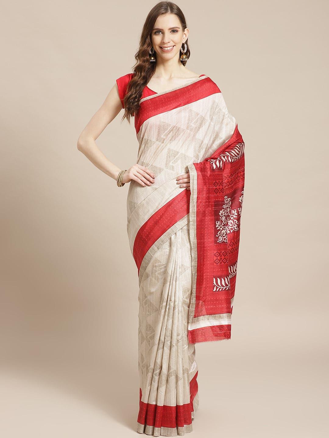 Beige Printed Cotton Silk Saree - Libas 