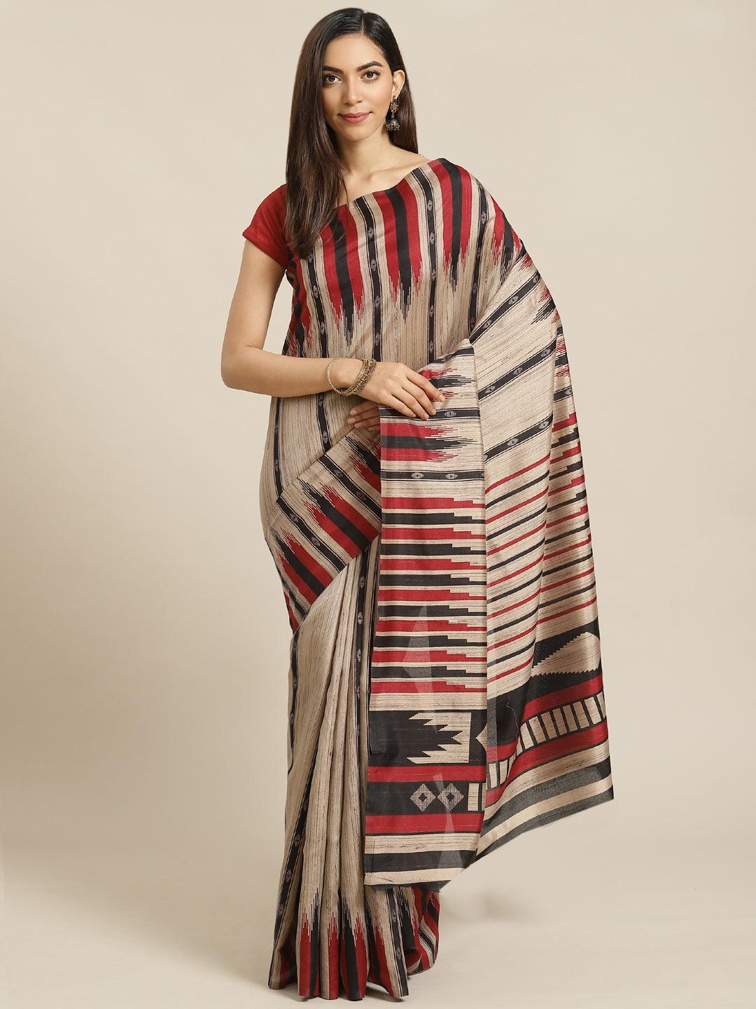Beige Printed Cotton Silk Saree - Libas 