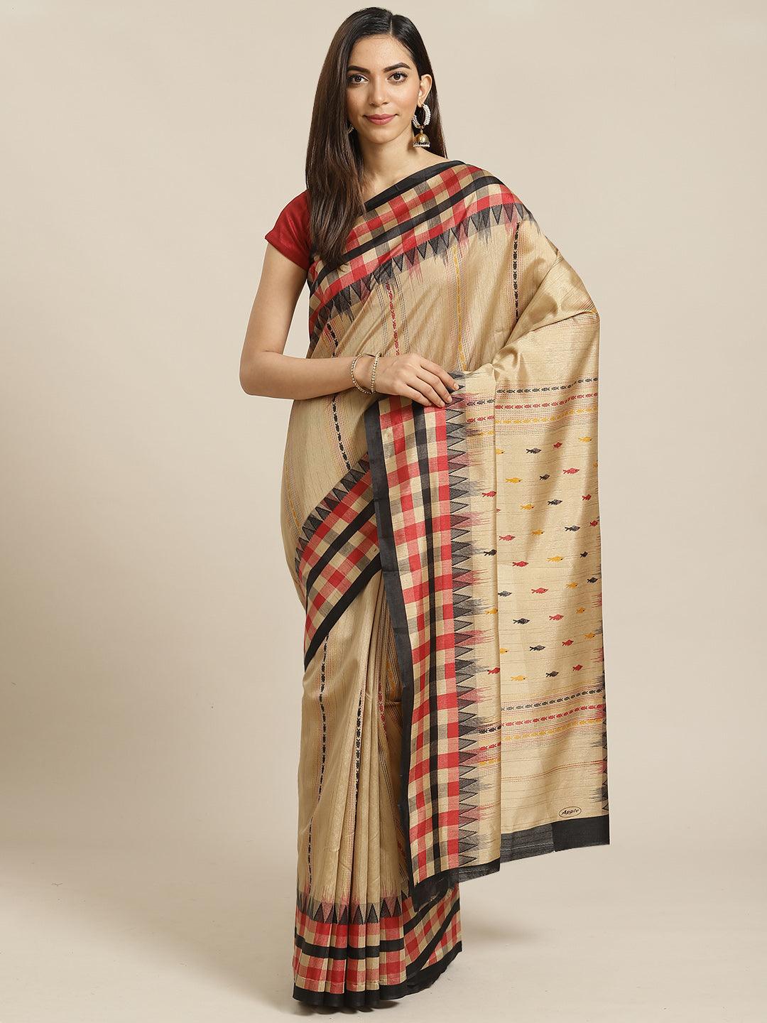 Beige Printed Cotton Silk Saree - Libas 