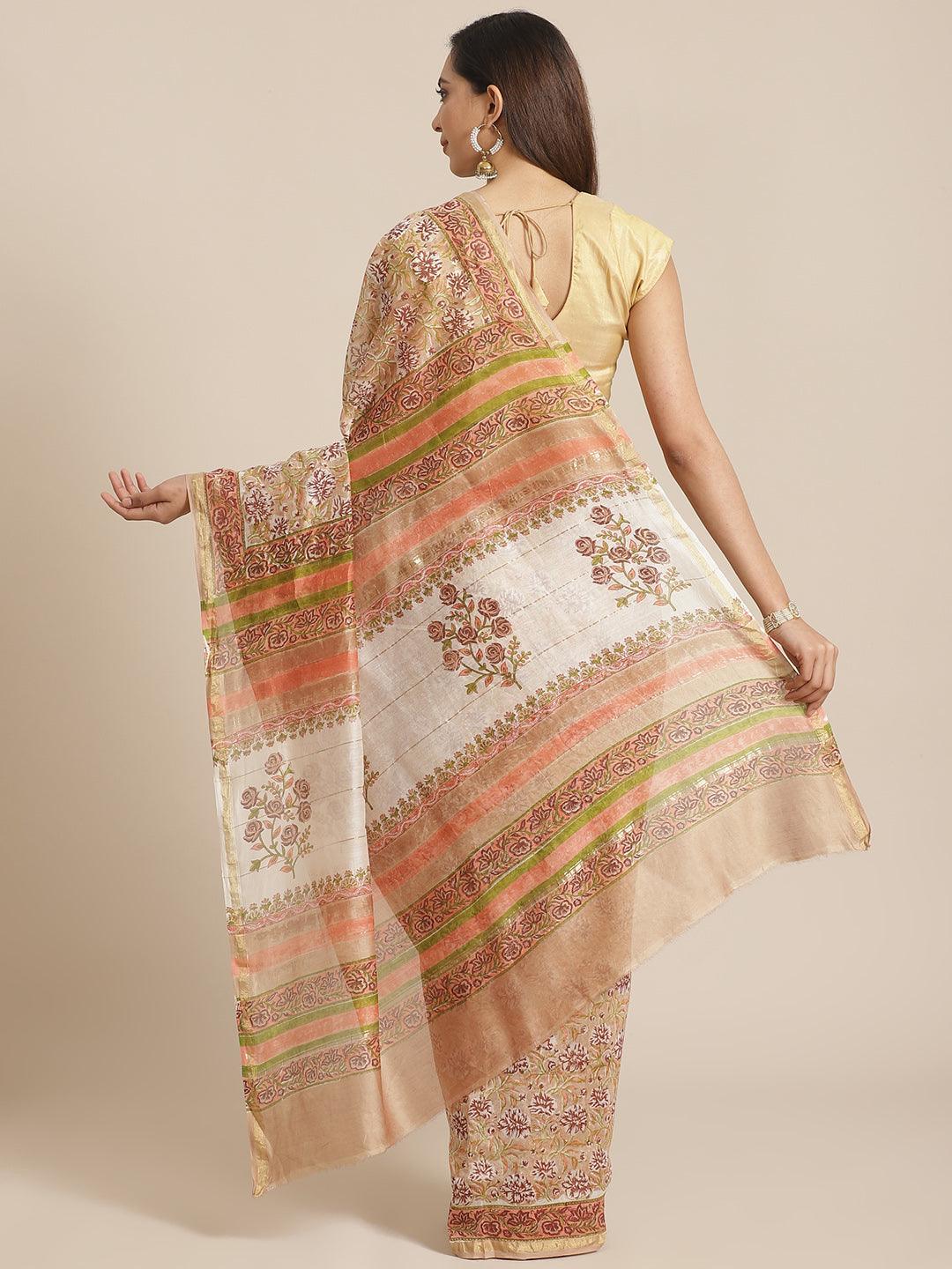 Beige Printed Cotton Silk Saree - Libas 