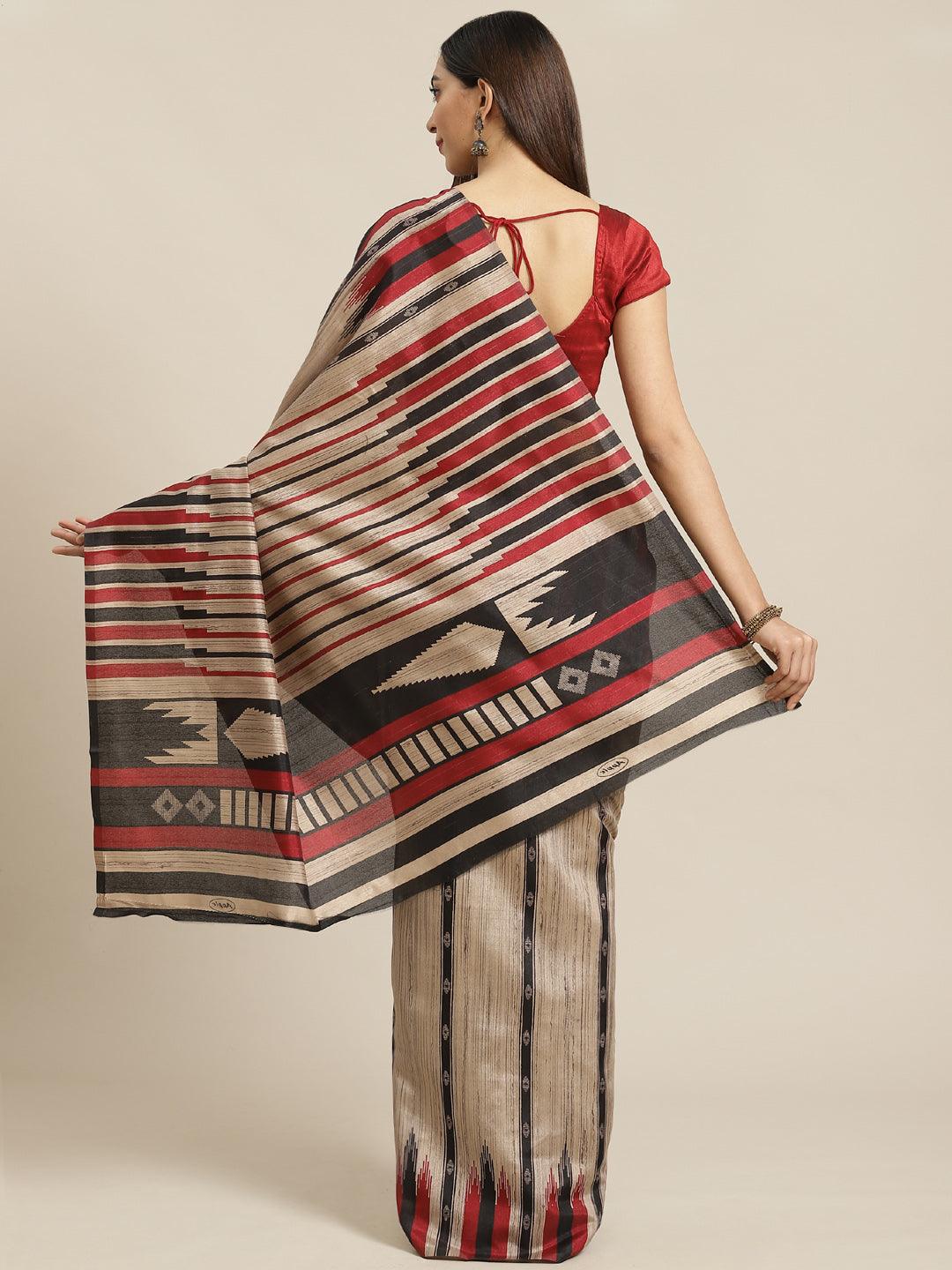 Beige Printed Cotton Silk Saree - Libas 