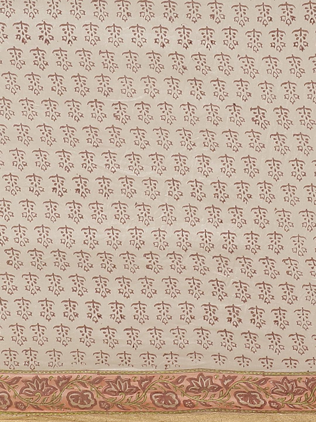 Beige Printed Cotton Silk Saree - Libas 