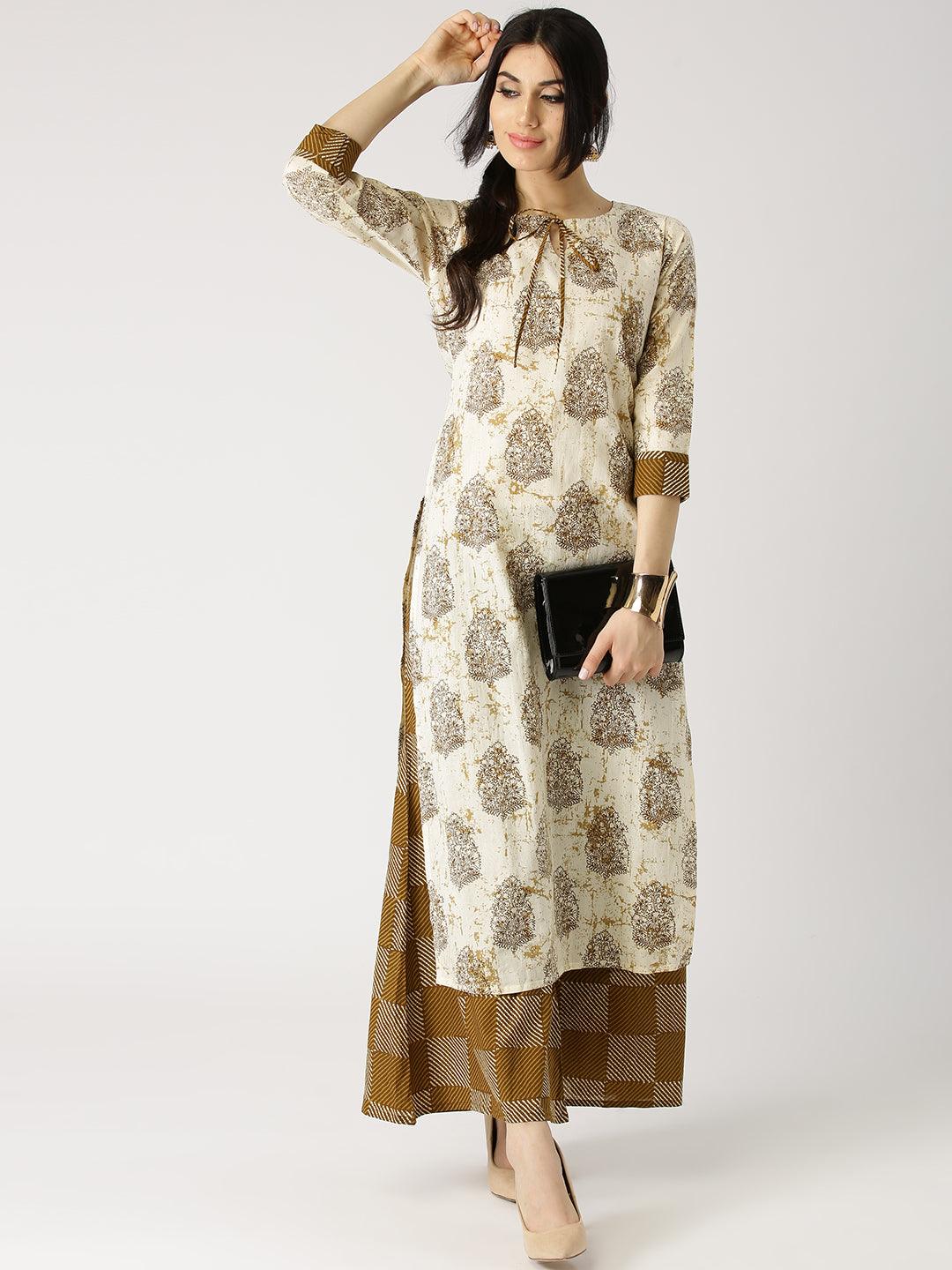 Beige Printed Cotton Kurta Set - Libas 