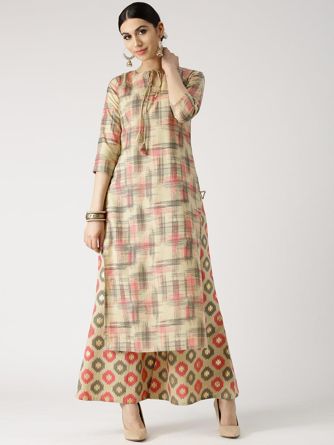 Beige Printed Cotton Kurta Set - Libas 