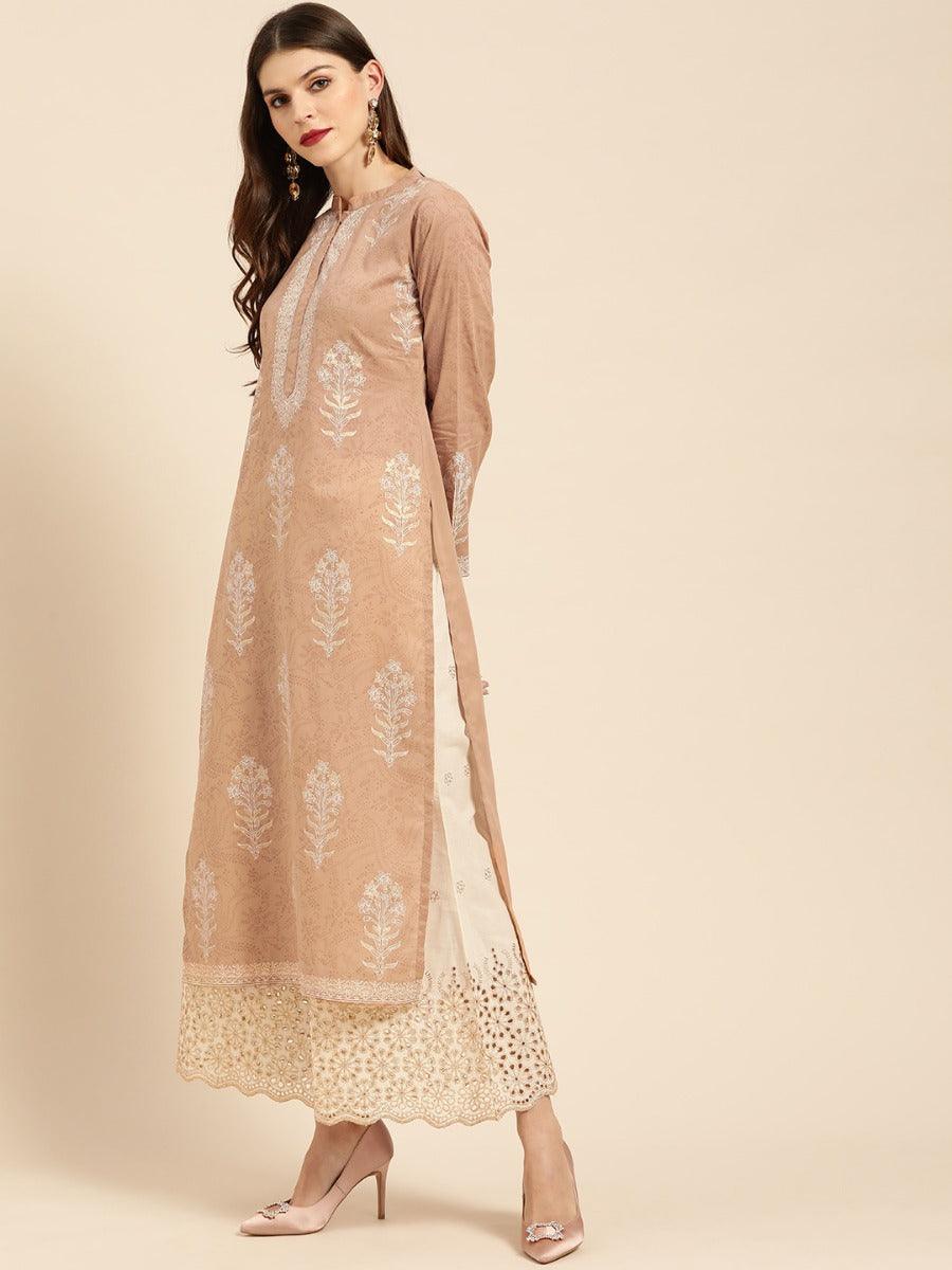 Beige Printed Cotton Kurta Set - Libas 