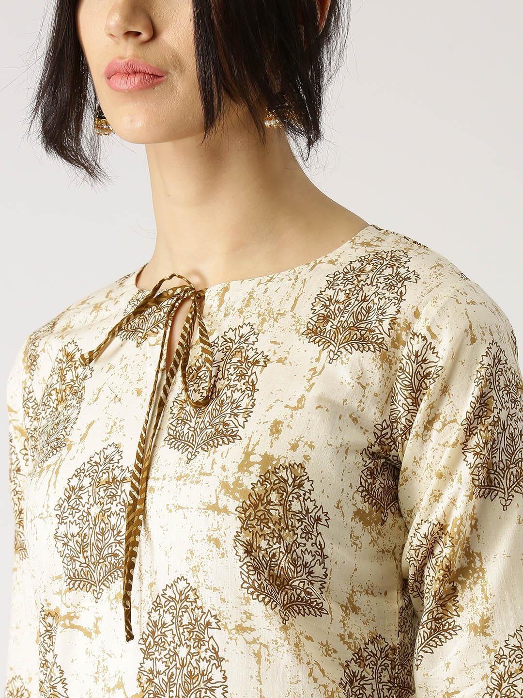 Beige Printed Cotton Kurta Set - Libas 