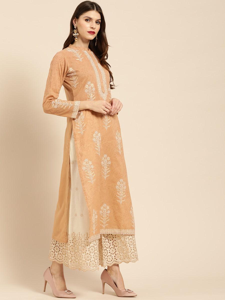 Beige Printed Cotton Kurta Set - Libas 