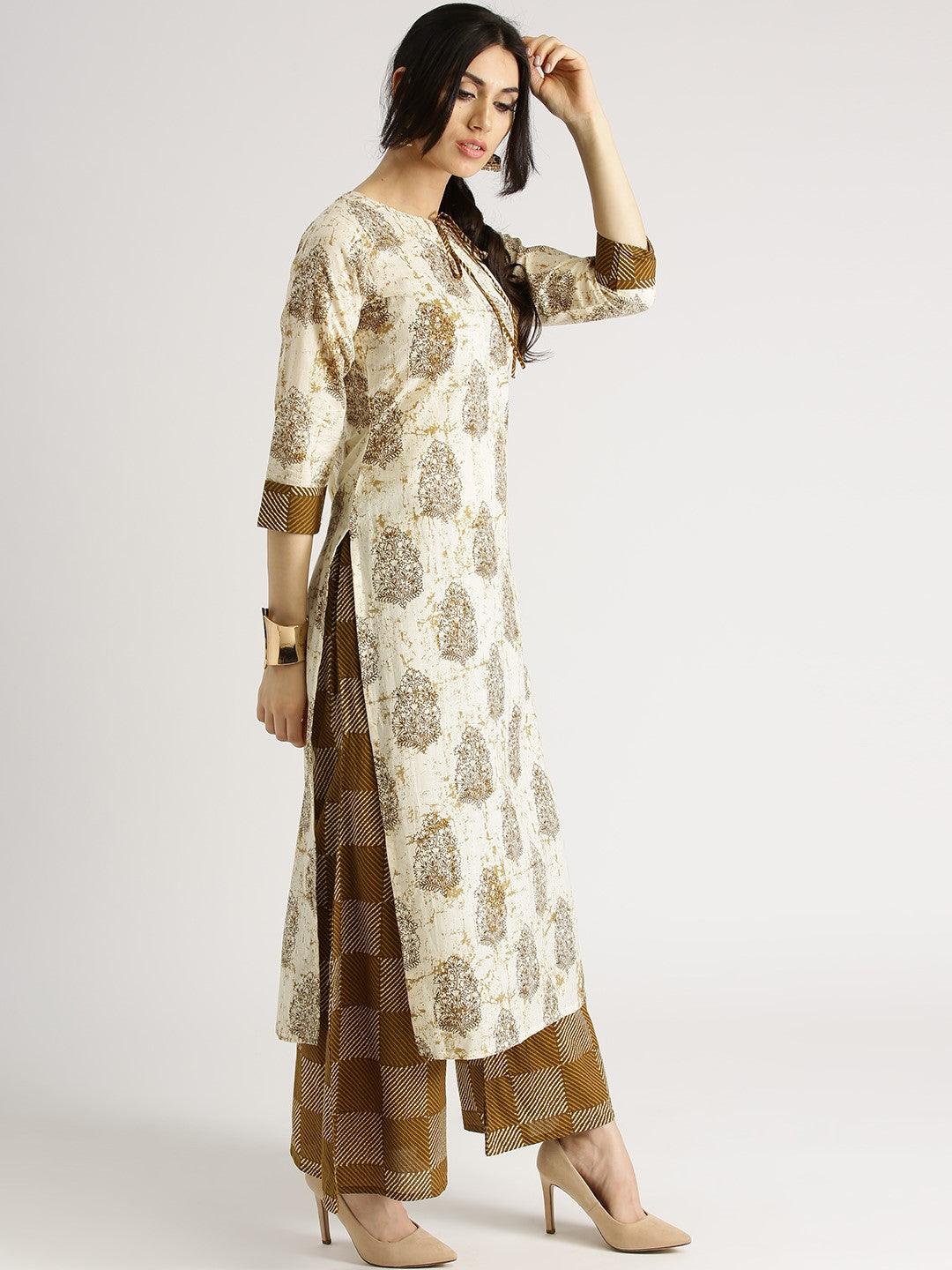 Beige Printed Cotton Kurta Set - Libas 
