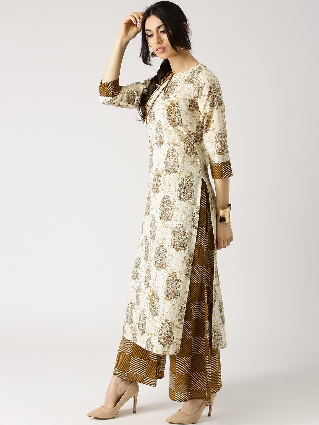 Beige Printed Cotton Kurta Set - Libas 