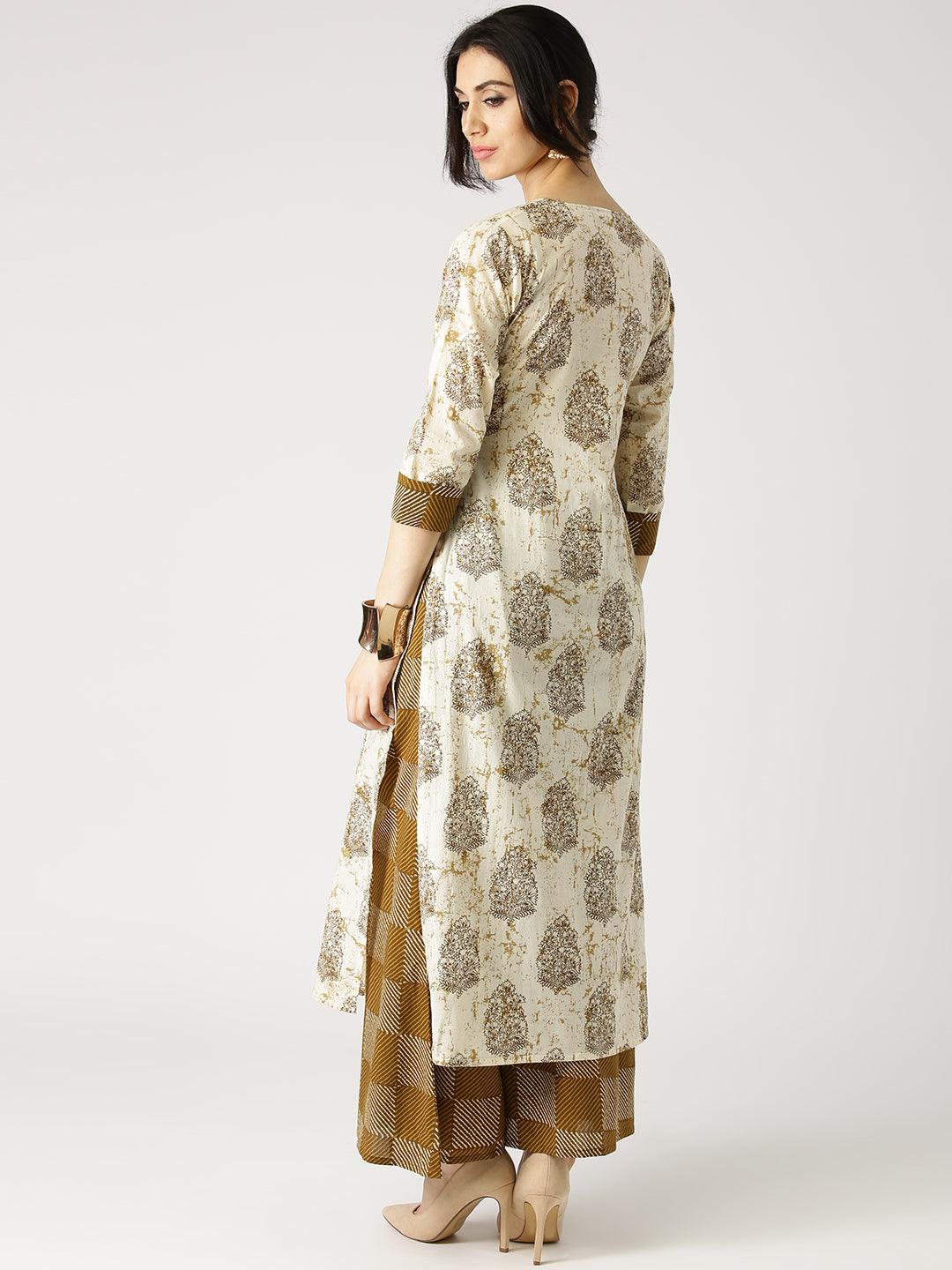 Beige Printed Cotton Kurta Set - Libas 